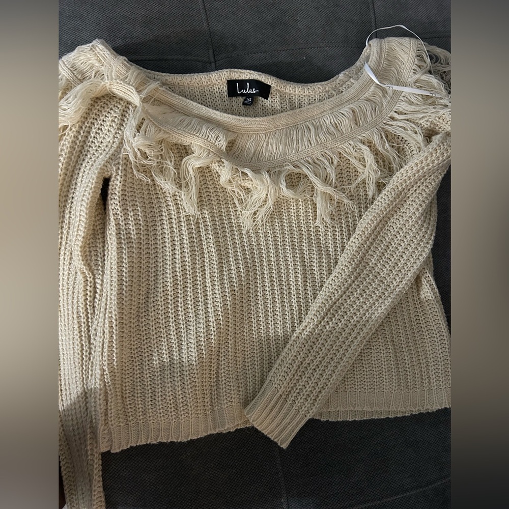 Lulu's Off-Shoulder Cream Sweater with Fringe